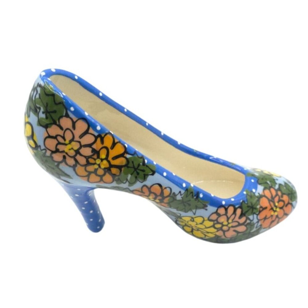 Hand-Painted Ceramic High Heel Shoe By Robin Starling Signed 2000 Floral Polka D - Picture 3 of 5